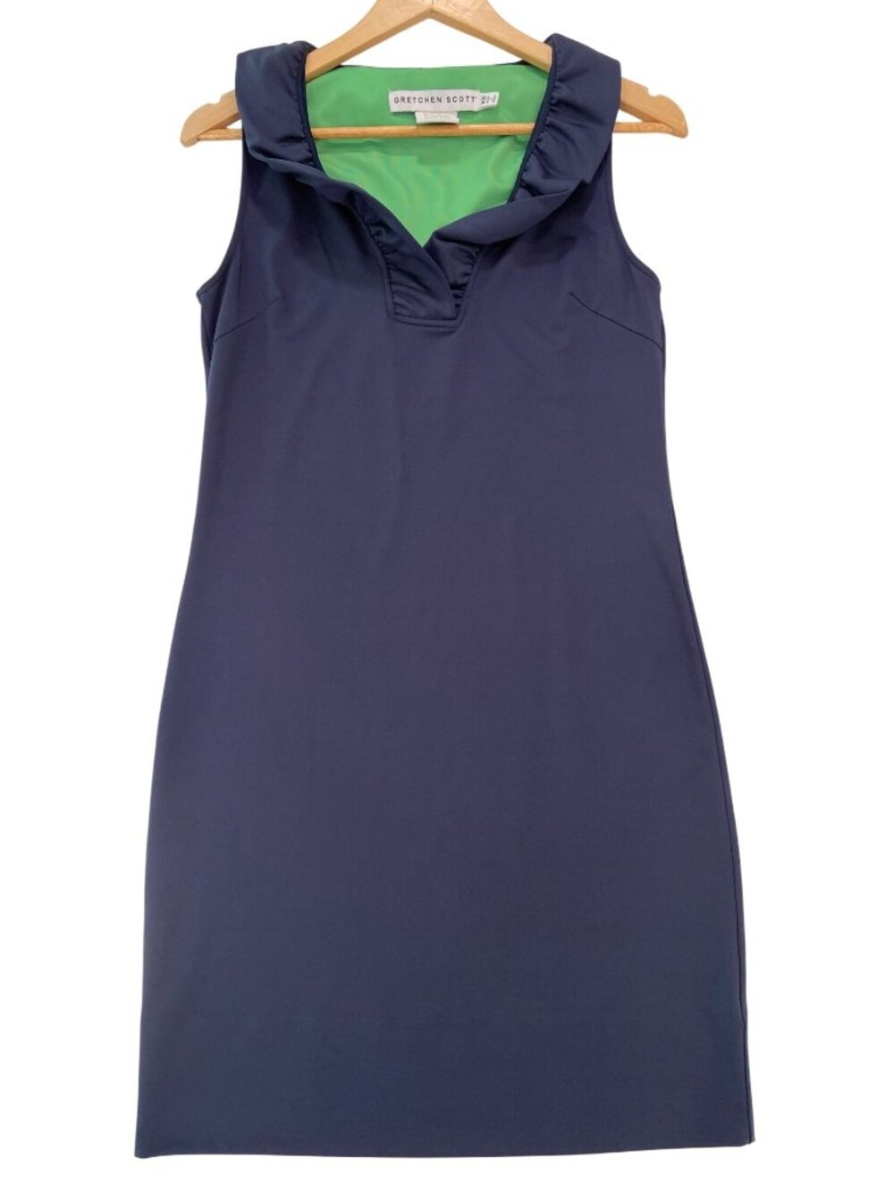 Gretchen Scott Navy Green Ruffle Neck Shift Dress XS Preppy Resort Sleeveless